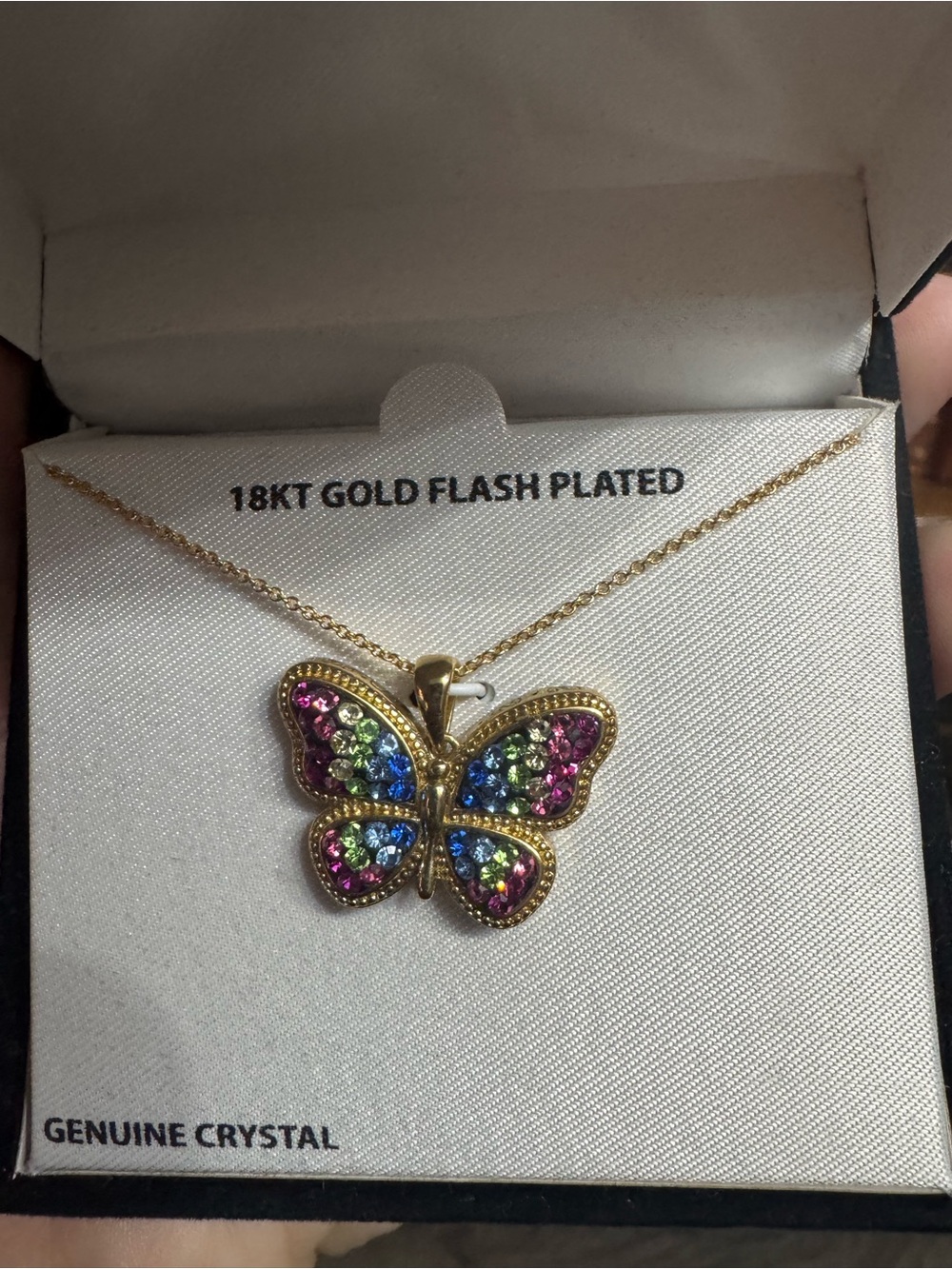 JCM 18KT Gold Flash Plated Multicolor Genuine Crystal Butterfly Necklace NIB